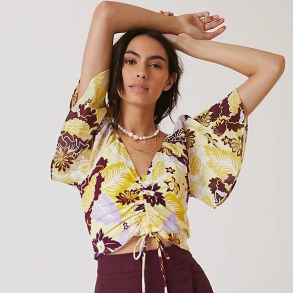 Maeve Tops - Anthropologie Maeve Shirt Womens Small Yellow Floral Cinced Flutter Crop Resort